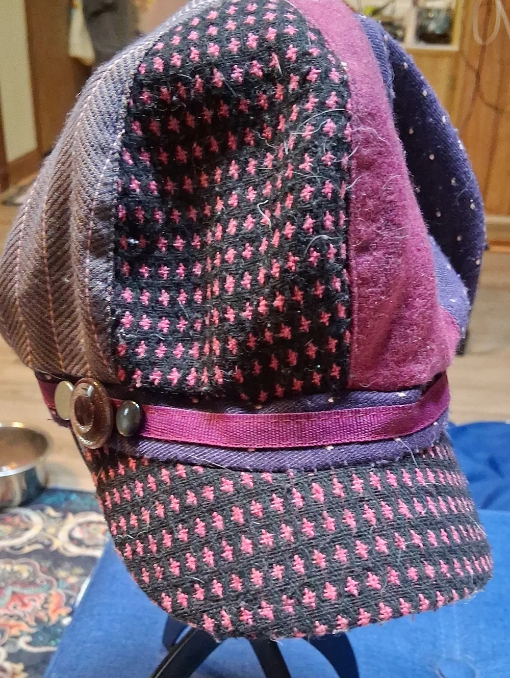 Women’s Patchwork Newsboy Cap in Plum and Black